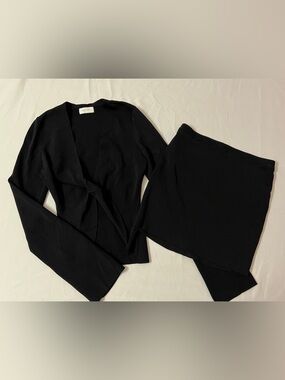 Meshki Carol Knit Twist Flare Sleeve Ribbed Top + Mini Skirt Set Black